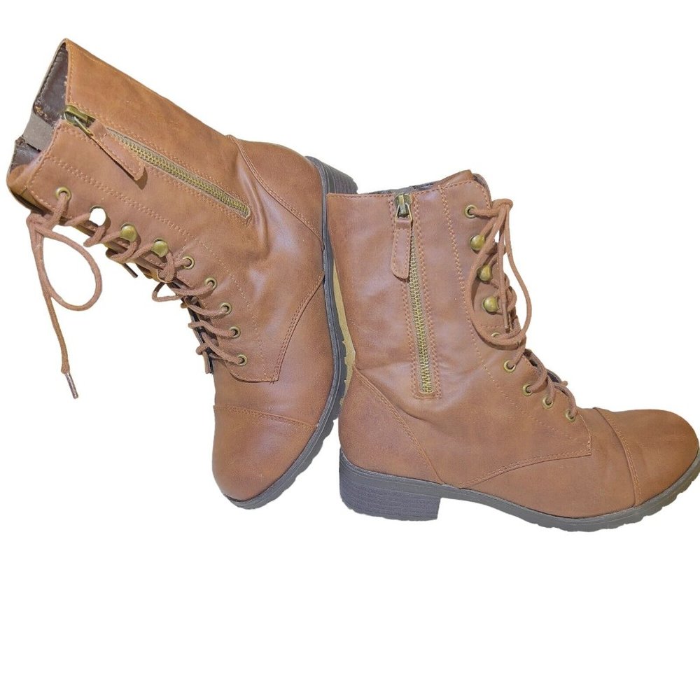 UNR8ED Women's Brown Leather Lace Up Double‎ Zip Boots Cloth Lined -Size 9M
